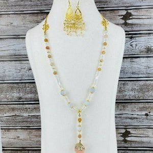 Agate Quartz Necklace Chandelier Earrings Gold